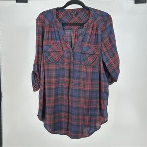 torrid size 0 Navy Blue and Red Plaid Roll-Sleeve Tunic Top cozy Cabin Core